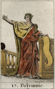 Representation av Polyhymnia, Musa av helig hymn och vältalighet. Från "Mythology of Youth" av Pierre Blanchard 1803. av French School