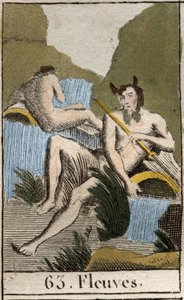 Representation av Rivers, gubbar med vått skägg och hår, de sitter nära vält urna (Representation of Strams, behornade gubbar med vått skägg och hår och de sitter nära vältad urna). Från "Mythology of Youth" av Pierre Blanchard 1803. av French School