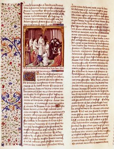 Avbildning av Sankt Bernhard av Clairvaux (San Bernardo di Chiaravalle) (1090-1153) barn. Han är i mitten av bilden, med en aureole över huvudet. Miniatyr i "Le miroir historial" (Speculum Historiale) (ms. 1196, fol. 372) av Vincent de Beauva av French School