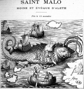 Representation av Saint Malo (Saint Maclou) på baksidan av en val representerad i vägen för Saint Brendan (Brandan) av Clonfert eller Breanainn av Clonfert (ca 484-577/578) - gravyr av French School