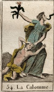 Representation av förtal, går medan hon drar sin mamma Avunden i håret, en orm kommer ut ur hennes mun. (Representation av Calumny, Envy dotter som hon drar upp i håret, en orm kommer ut genom hennes mun) från "Mythologie de la jeunesse" av P av French School