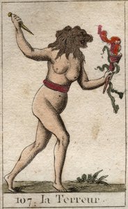Representation av terror, som en kvinna med ett lejonhuvud, som håller en kniv och ormar. Från "Mythology of Youth" av Pierre Blanchard 1803. av French School