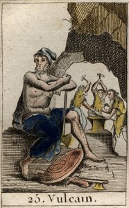 Representation av Vulcan, eldens gud, smedjan och vulkanerna. (Vulcan, eldens och vulkanernas gud). Från "Mythology of Youth" av Pierre Blanchard 1803. av French School