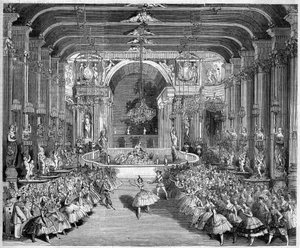 Representation av en balett: Casino of Messina, scenografi av första akten av "The Star of Messina" på en musik av Nicolo Gabrielli (1814-1891). Dekor realiserad av Edouard Desplechin. Paris, Theatre de l