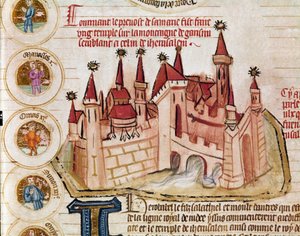 Föreställning av en befäst stad som liknar Jerusalem Sidan är hämtad från manuskriptet "Genealogie de la Bible" från den franska skolan. 1300-talet Cremone, biblioteca governativa av French School