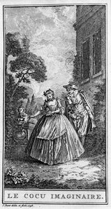 Representation av en scen från stycket "" Sganarelle ou le cuckold imaginaire"" (1660) av Jean Baptiste Poquelin dit Moliere (1622-1673). Gravyr från 1738. av French School