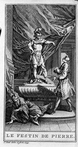 Representation av en scen i stycket "" Dom juan ou le fen de Pierre"" (1665) av Jean Baptiste Poquelin dit Moliere (1622-1673). Gravyr från 1739. av French School