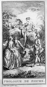 Representation av en scen i stycket "" Prologue de Psyche"" av Jean Baptiste Poquelin dit Moliere (1622-1673). Gravyr från 1740. av French School