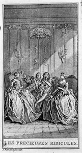 Representation av en scen i stycket "" de dyrbara förlöjligandena"" (1659) av Jean Baptiste Poquelin dit Moliere (1622-1673). Gravyr från 1738. av French School
