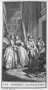 Representation av en scen i pjäsen "" Les femmes savantes"" (1672) av Jean Baptiste Poquelin dit Moliere (1622-1673). Gravyr från 1740. av French School