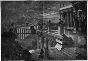 Representation av en opera: "" Herculanum"" på ett libretto av Joseph Mery (1798-1866) och T. Hadot och en musik av Felicien David (1808-1876). Staden Herculanum vid tidpunkten för dess förstörelse under utbrottet av Vesuven (sista scenen i akt V). Thea av French School