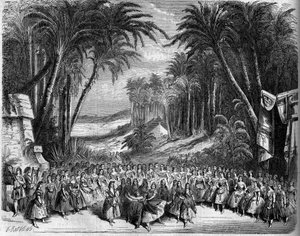 Representation av en opera: Scenografi av akt II av "Drottningen av Saba"" på ett libretto av Michel Carre (1819-1872) och Jules Barbier (1822-1901) och en musik av Charles Gounod (1818-1893). Paris, Theatre de l