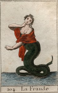 Representation av fusk (oärlighet), som en farlig orm med ett leende kvinnahuvud). Från "Mythology of Youth" av Pierre Blanchard 1803. av French School