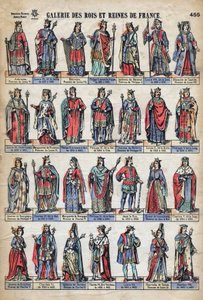 Representation av kungar och drottningar av Frankrike från Capetian-dynastin (från Ludvig VII till Karl VIII). Illustration sent 1800-tal. av French School