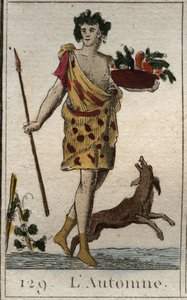Representation av höstsäsongen som Vertumne som håller en fruktkorg med en hund. (Sommaren representerad som Vertumnus som håller en fruktkorg med en hund). Från "Mythology of Youth" av Pierre Blanchard 1803. av French School
