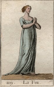 Representation of the Faith, kvinna klädd i vitt med sammanfogade händer. (Troen som ung kvinna, klädd i vit klänning, med sammanfogade händer). Från "Mythology of Youth" av Pierre Blanchard 1803. av French School