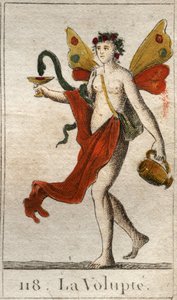 Representation av Volupte, naken kvinna krönt med rosor, hon håller en kopp eller en orm drar en läcker likör. (The Voluptuousness (njutning), som en naken kvinna, krönt med rosor, håller hon en kopp där en orm dricker en läcker nektar). Från "Mythol av French School