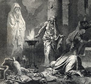 Representation av häxan från Endor (eller Pythonisse av Endor), en kanaaneisk by som nämns i Samuels första bok (bibel) som har en talisman med vilken hon kallar spöket av profeten Samuel som nyligen avlidit, på begäran av Saul, kung av Isr av French School