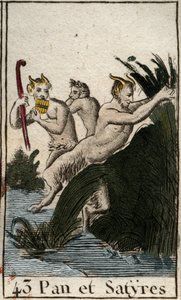 Representation av landsguden Pan och satyrer. Han har håriga lår, getfötter och spelar flöjt (Syrinx) har flera pipor. (Bondguden Pan, representerad med satyrer, han har lurviga ben och getfötter, han spelar syrinx eller panflöjt) Ur “Mythologie de av French School