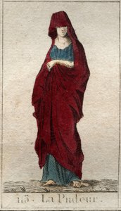 Representation av Modestys gudom, en ung kvinna med ett ansikte täckt med en slöja. (Representation av Prudishness, som en kvinna med beslöjat ansikte). Från "Mythology of Youth" av Pierre Blanchard 1803. av French School