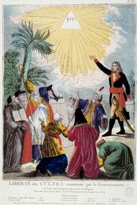 Representation av religionsfriheten för alla religioner som upprätthålls av Napoleon Bonaparte (1769-1821): den första konsuln indikerar treenighetens triangel som symboliserar Gud som kommer av representanterna för varje religion: katolsk eveque, en jude, av French School