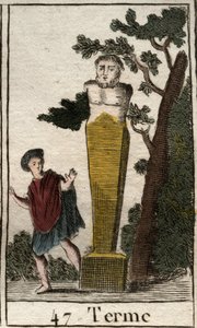 Representation av guden Terme, i form av en terminal, för att markera ägodelar och landområden. (Representation av guds terminus, som en stenterminal av land och ägodelar). Från "Mythology of Youth" av Pierre Blanchard 1803. av French School