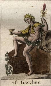 Representation av guden för vin och skörd Bacchus, med en kopp i handen. (Vinets Gud och druvskörden Bacchus med en kopp vin). Från "Mythology of Youth" av Pierre Blanchard 1803. av French School