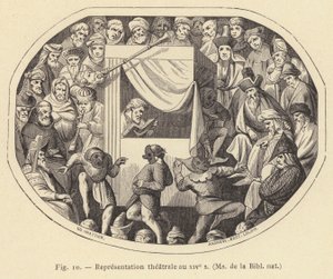 Teaterföreställning på 1300-talet, Ms de la Bibl nat (gravyr) av French School