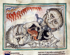 Representationer av underjordens varelser som slår den jävla miniatyren tagen från "The Apocalypse of Cambrai"" upplyst av den franska skolan på 1200-talet. Ms 422. Kommunalbibliotek, Cambrai av French School