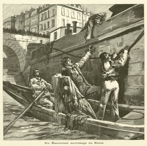 Räddning av en kvinna från floden Seine i Paris (gravyr) av French School