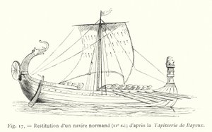 Restitution av ett normandiskt skepp, 1000-talet; efter Bayeuxtapeten (gravyr) av French School