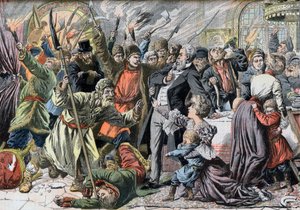 1905 års revolution - Revolterande ryska bönder invaderar ett hus på landet. Jacquerie i de ryska provinserna. Invasion av ett slott av ryska bönder gör uppror. Illustration för Le petit Journal, 2 april 1905. av French School