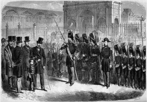 Revue des pupils de la garde imperiale av den kejserlige prinsen, Napoleon Eugene Louis Jean Joseph Bonaparte (1856-1879), son till Napoleon III, 15 februari av French School