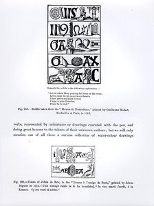 Gåta från Heures de Nostredame, tryckt av Guillaume Godart 1513, och ett tecken på Jehan de Brie från Heures a lusaige de Paris, tryckt av Jehan Bignon 1512, illustrationer från Science och av French School