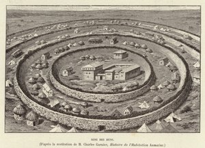 Ring des Huns. Ringformade befästningar som skyddar en bosättning av hunnerna (gravyr) av French School