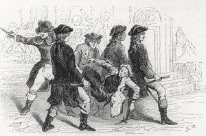 Riot in Rennes, wonded Gentleman, illustration från Bretagne och Vendee, History of the Revolution in the West av Pitre-Chevalier (1812-63) publicerad av W. Coquebert 1845-48 av French School