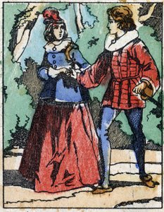 Riquet presenterar sig för prinsessan igen. Illustration till "" Riquet a la houppe", berättelse av Charles Perrault (1628-1703), fransk författare. Trästick av Imaging Pellerin - Epinal, sd. Sent 1800-tal. av French School
