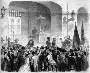Risorgimento, Neapel, 7 november 1860: Victor Emmanuel II (Victor-Emmanuel) (Vittorio Emanuele) (1820-1878), kung av Italien, tillträde till det kungliga palatset i Neapel efter omröstningen av befolkningen som accepterade Neapels anslutning till Neapel. k av French School