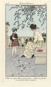 Vit Crépon-klänning med gula prickar - Flickklänning i körsbärsgrön tartan, från Costumes Parisien, pub.1913 (stenciltryck) av French School