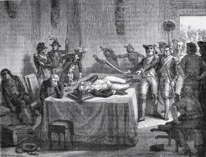 Robespierre väntar på avrättning efter att ha skjutit sig själv i käken 1794 av French School