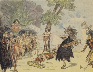 Robinson Crusoe dödar kannibalhövdingen och räddar fredagens liv (färg litho) av French School