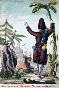 Robinson Crusoe gör upp eld för att uppmärksamma sin ö, Imagerie Basset (färggravyr) av French School