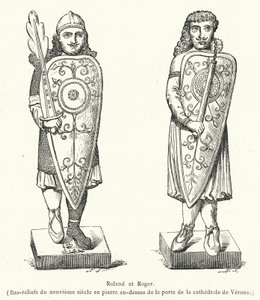 Roland och Roger, basreliefer i sten från 800-talet ovanför dörren till Veronas katedral (gravyr) av French School