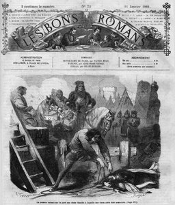 Romersk följetong: "" Notre Dame de Paris"" av Victor Hugo (1802-1885). En man dränerar två kvinnor på stenen. Gravyr i "" Les bons romances"" av French School