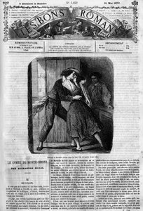 Romersk följetong: "" Greven av Monte Cristo"" (Monte-Cristo) av Alexandre Dumas (1802-1870). Sexscen mellan Edmond Dantes och Mercedes. Gravyr i "" Les bons romances"" av French School