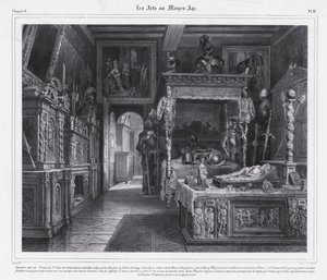 Rum på Hotel de Cluny, Paris, där Mary Tudor tillbringade sin sorgeperiod 1515 efter sin mans, kung Ludvig XII av Frankrikes död (litho) av French School