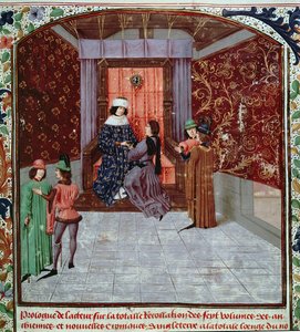 Roy 15 E IV f.14 Edward IV tar emot boken från författaren, från Old Chronicles of England, av Jean Batard de Wavrin, c.1470-80 (vellum) av French School
