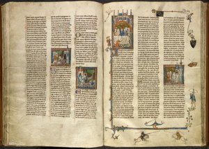 Royal 14 E. III, ff.88v-89 Lancelot tar bort huvudet på sin avhuggna farfar, kungen, ur en kokande brunn; en byggnad som kollapsade på två riddare. Till höger, miniatyr av Arthur och Guinevere vid en bankett, från 