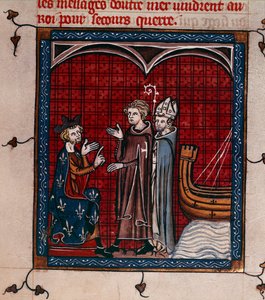Royal 16 G. VI, f.337 Kung Filip II och patriark, illustration från 