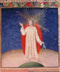 Royal 19 D III, f.3: Gud omgiven av eld med ett par kompasser, från Bibeln Historiale av Guyart des Moulins, c.1411 (vellum) av French School